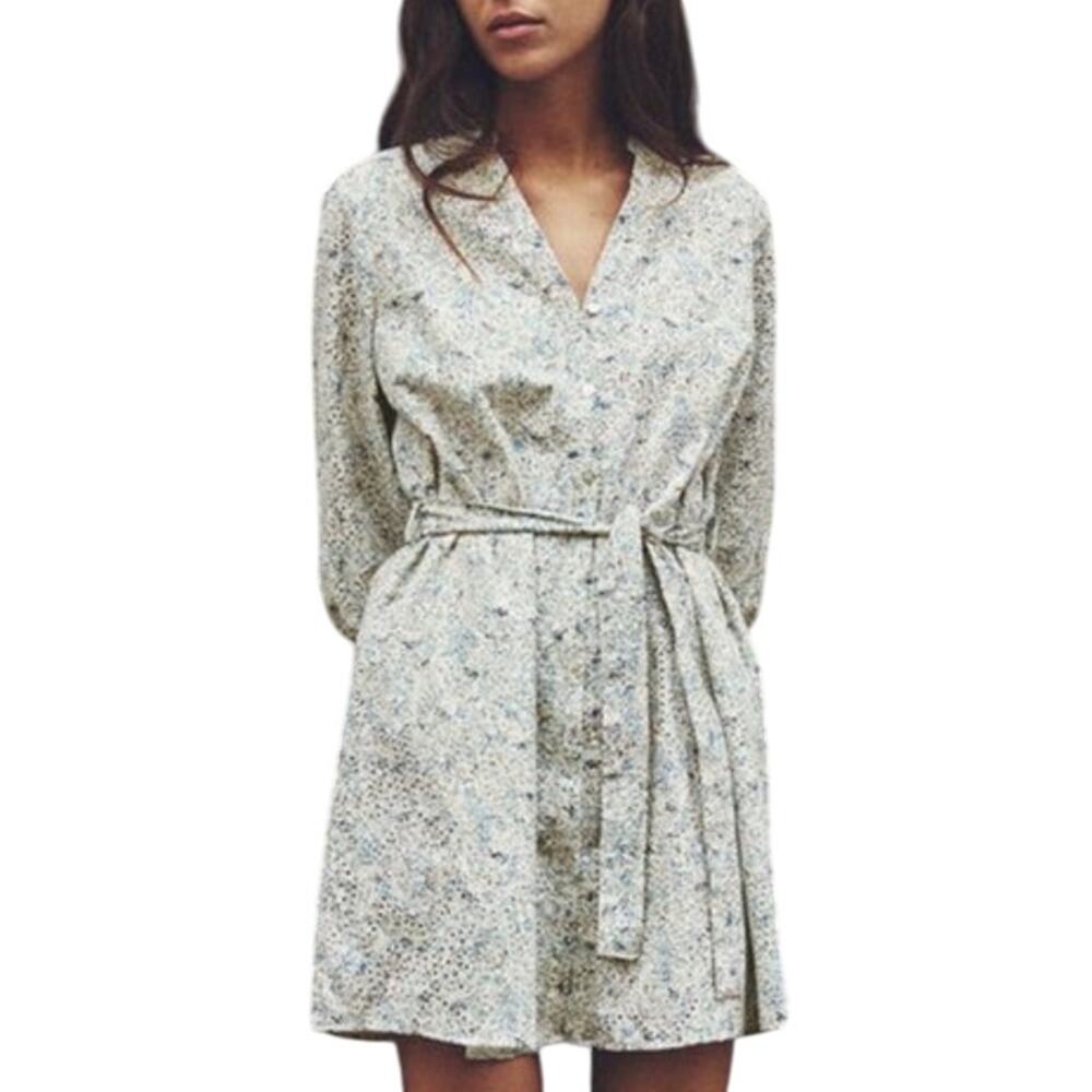 Zara XS Womens Bamboo Blend Floral Printed Shirt Dress Blue White Rubberized